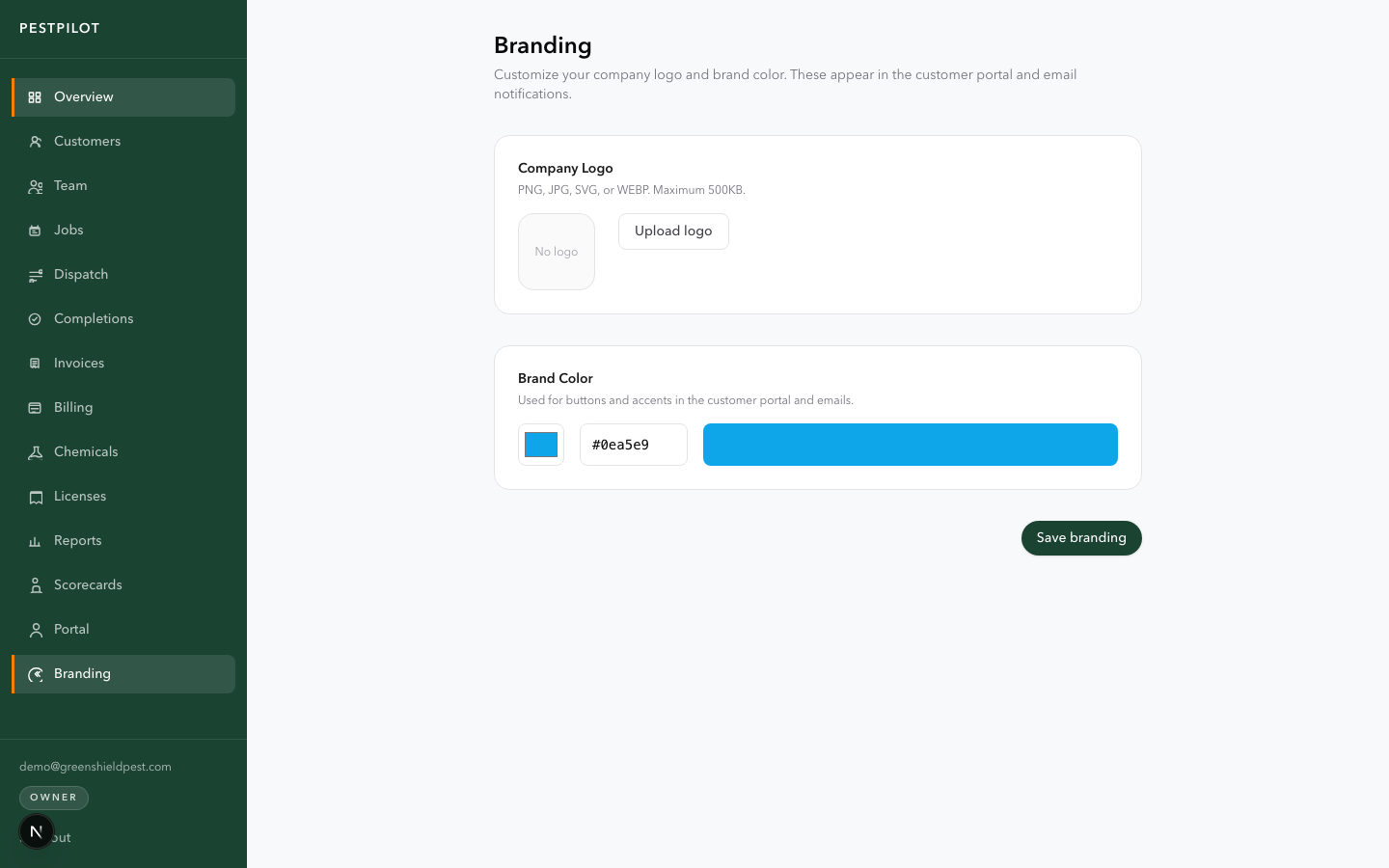 PestPilot branding settings with custom logo upload and brand color controls